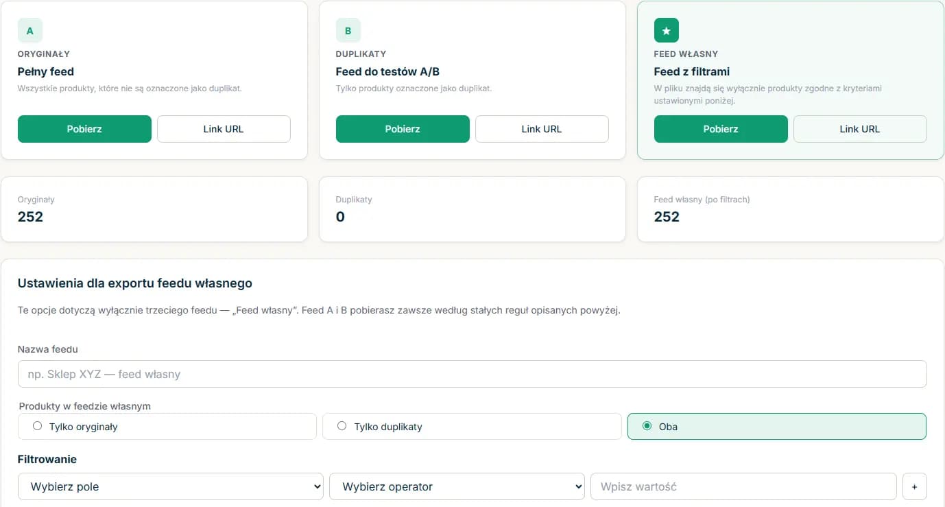 Feed export screen in Snomi - XML download and permanent URL configuration for Google Merchant Center