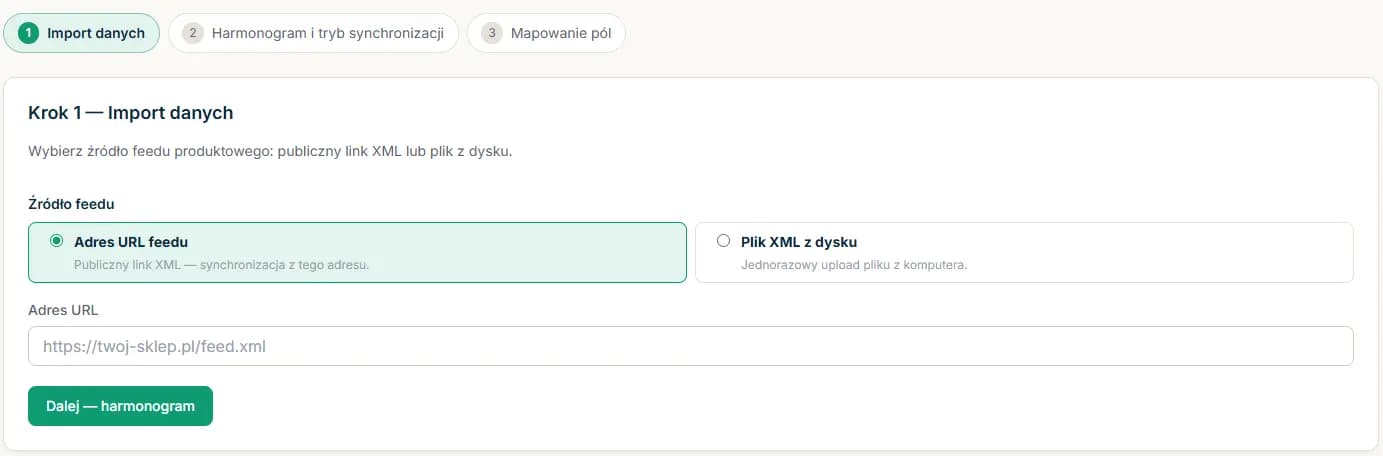 Feed import screen in Snomi - uploading an XML file or entering a store feed URL