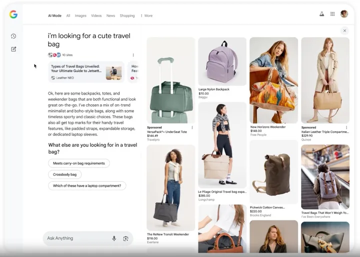 Google AI Mode results for a conversational travel bag query - conversation on the left, product offers on the right