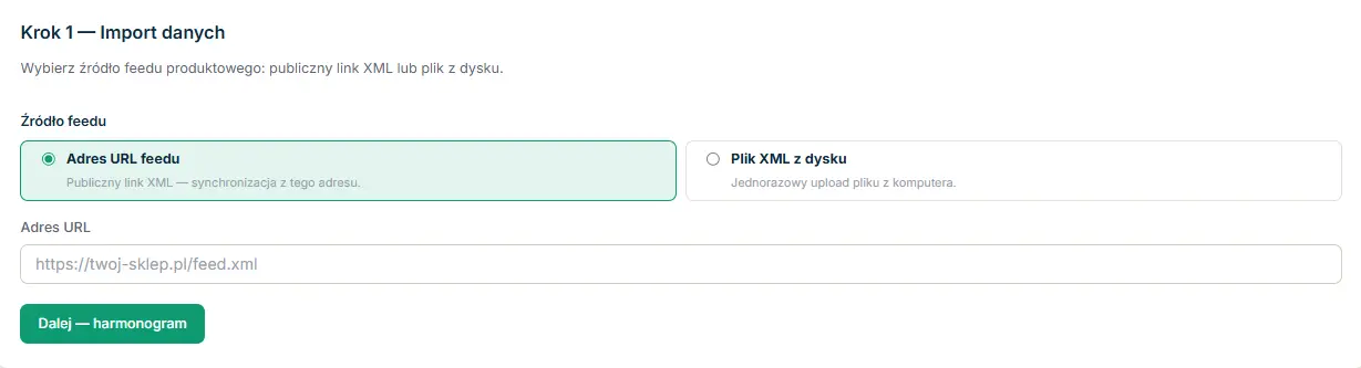 Import and sync page - feed source configuration