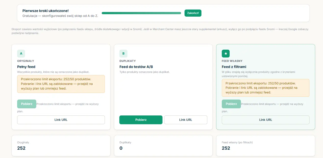 Export page with the feed URL and the “Getting started complete!” bar