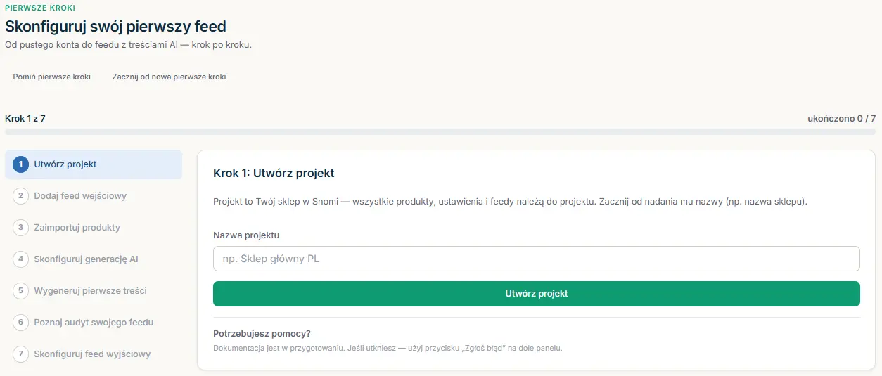 Step 1: Create a project - Getting started hub with the list of 7 steps on the left